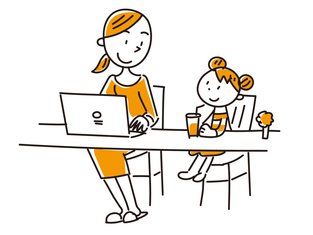在宅ワークをしているママさんのイラスト