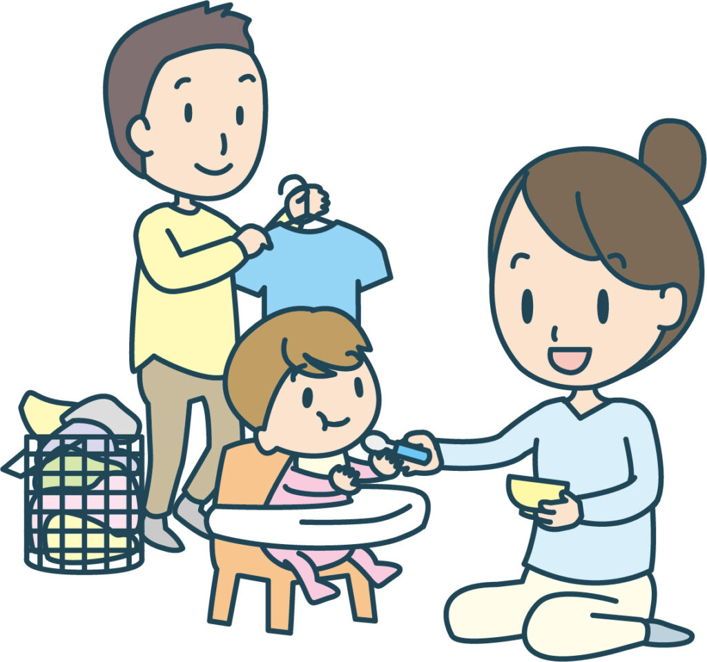 家事や育児を分担している夫婦のイラスト