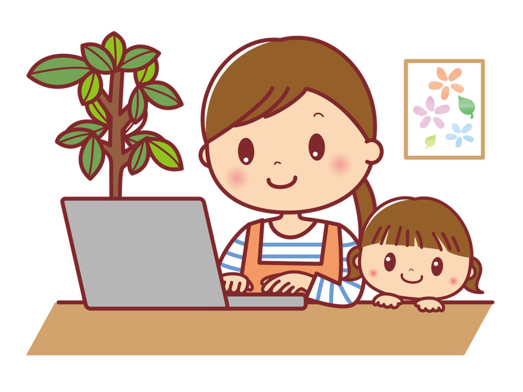 在宅ワークのママと子供のイラスト